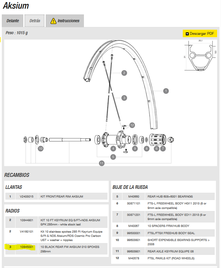 RADIOS MAVIC AKSIUM TRAS. L/PIÑON 298mm